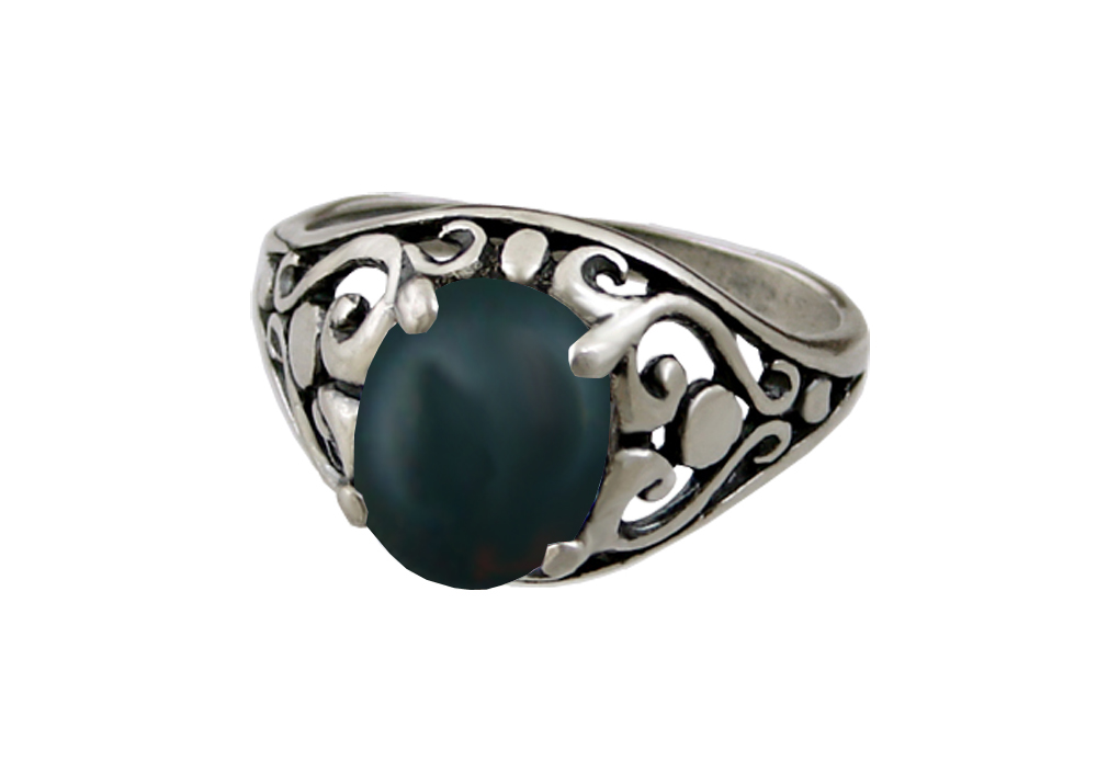 Sterling Silver Filigree Heart Ring With Bloodstone Size 10